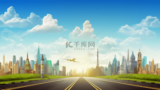 夏季广告背景背景图片_建筑物飞机公路蓝天白云假期旅行广告背景