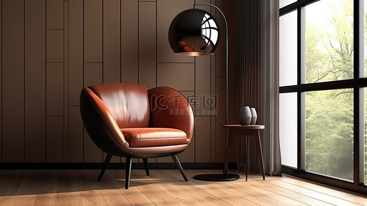 现代皮革座椅，配有圆形口音桌宽敞的窗户和落地灯 3D 渲染