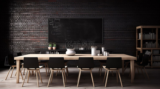 大会议背景图片_会议室设置与空黑板家具和砖墙背景 3D 渲染