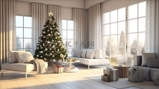 节日客厅和餐厅空间，配有 3D 渲染的圣诞树礼物和长袜
