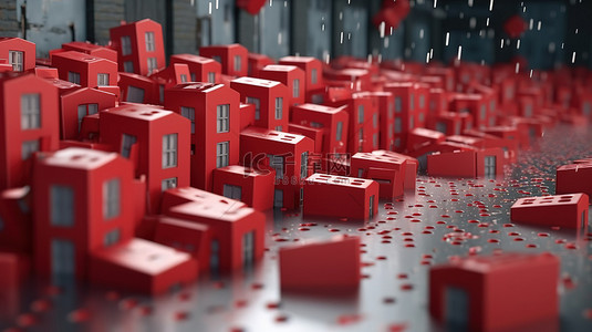 危机背景图片_推倒红房子多米诺骨牌，通过3D渲染描绘住房问题的危机