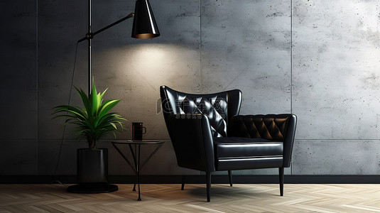 阁楼风格的生活是由时尚前卫艺术家设计的别致皮革扶手椅，配有时尚的黑色落地灯3D 渲染