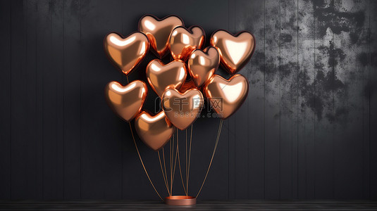 渲染气球背景图片_黑墙背景与铜心形气球聚集在一起 3d 渲染