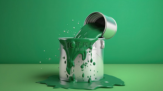 绿色背景上带开盖的绿色油漆桶的 3D 渲染
