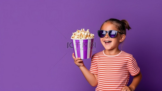 戴着 3D 眼镜和一大桶爆米花的孩子指着一面孤立的紫色墙壁