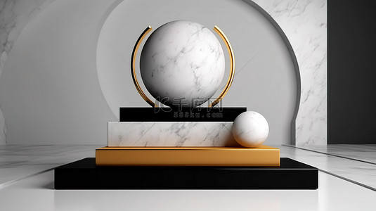 黑色效果图背景图片_豪华的金色讲台采用白色大理石和金色和黑色塑料制成的引人注目的几何 3D 效果图
