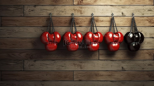 跑步彩色背景图片_悬挂在木质表面上的拳击手套 3D 渲染和插图