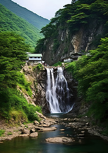 安逸山村背景图片_朝鲜的山村瀑布