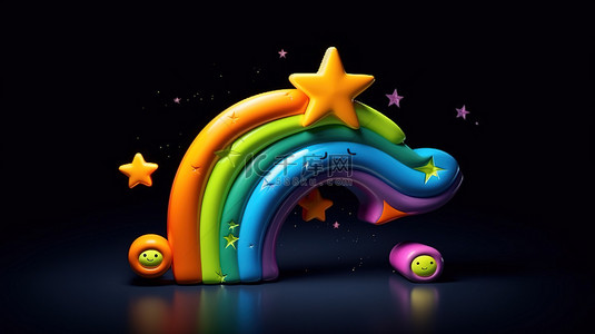 夜间 3D 渲染卡通彩虹与星星和月亮