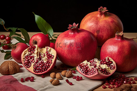石榴水果背景图片_桌面上的石榴，上面有水果和坚果