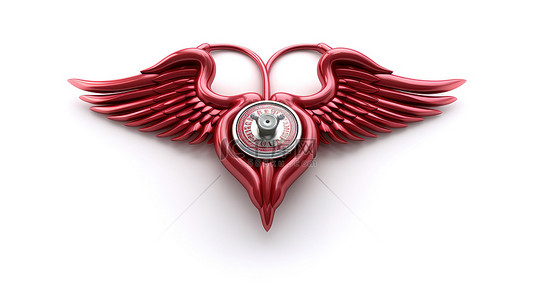 原始白色背景上心脏形式的红色医疗杖符号的三维渲染