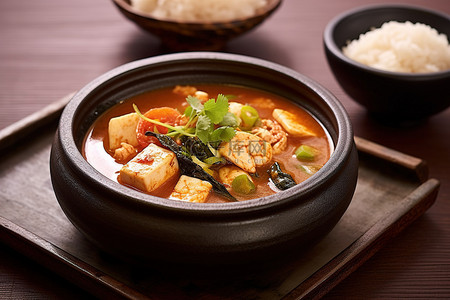 拍照的咔嚓声背景图片_韩国海鲜咖喱饭和豆腐拍照