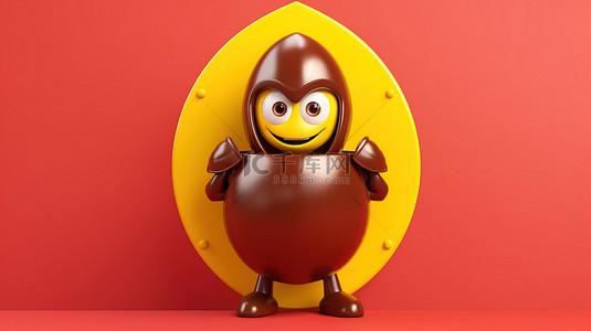 黄色背景的 3D 渲染，吉祥物是戴着红色金属盾的棕色鸡蛋人