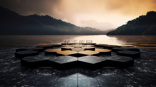 3D 渲染中湖池上带有黑色水磨石六边形讲台的抽象景观背景