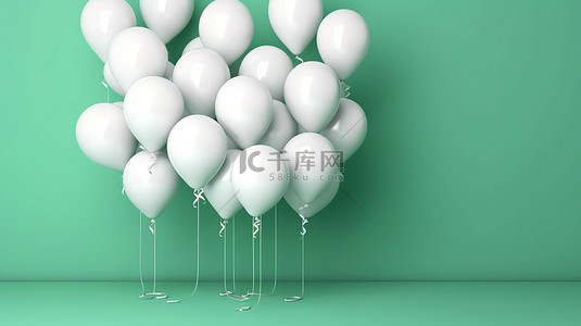 装饰着一系列白色气球的绿墙背景的 3D 渲染