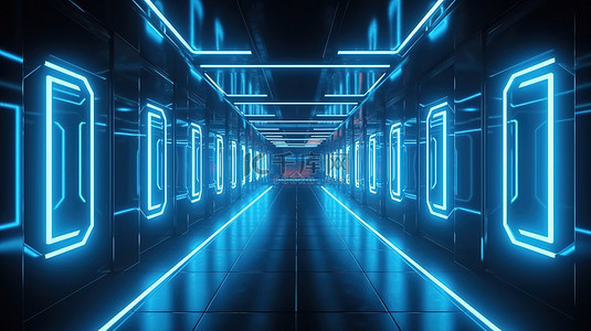 蓝色透视背景图片_蓝色霓虹灯闪耀在令人惊叹的 3D 渲染照明走廊中，具有优雅的未来主义魅力