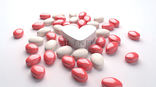 白色背景上一颗心形药丸的 3D 插图