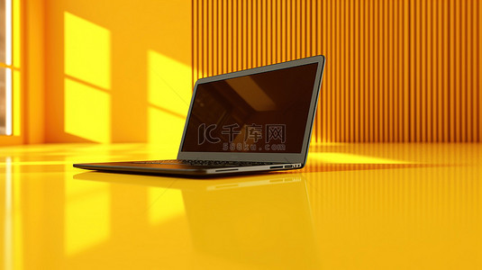 笔记本电脑场景背景图片_黄色办公室场景，带有笔记本电脑的 3D 插图