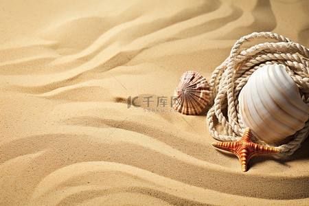 沙子里的贝壳和绳子的大小不同