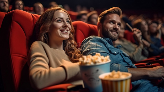 微笑的二人组在电影院欣赏 3D 电影并吃爆米花