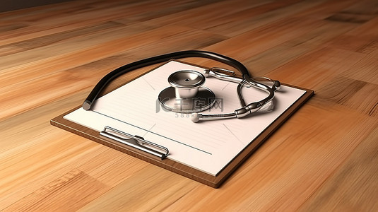 医疗工作背景图片_木桌的 3D 渲染，显示带有空白纸张和听诊器的医疗剪贴板