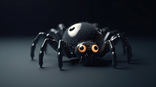万圣节装饰品 3D 渲染一个可怕而可爱的黑蜘蛛，长着白色的獠牙