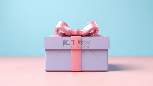 简约的粉色背景，带有用蓝丝带绑着的淡粉色礼品盒的 3D 插图