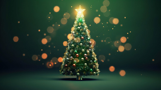 节日 3D 插图一棵装饰精美的圣诞树，位于梦幻般的绿色背景上，非常适合徽标和文字放置