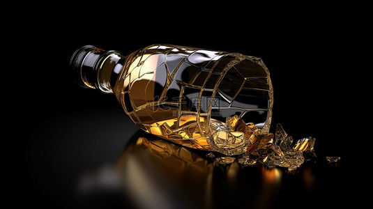 酒标背景图片_黑色背景下隔离的破碎玻璃瓶的 3D 插图