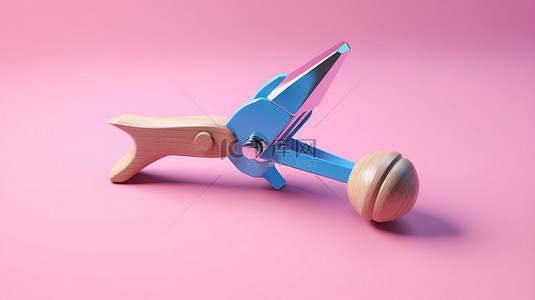 双色调风格 3D 渲染危险的蓝色弹弓玩具武器，由木头制成，在充满活力的粉红色背景上