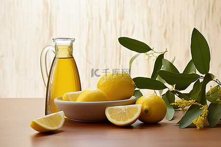 柜台上的橄榄油柠檬和香草