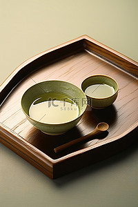两碗茶背景图片_木托盘上放着两碗绿茶