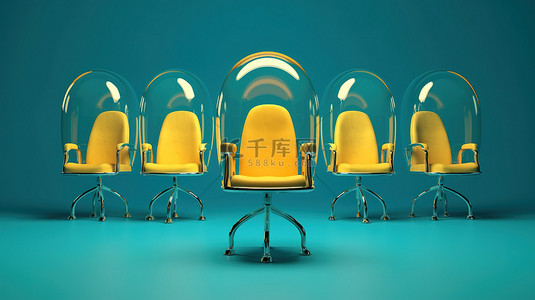 社交距离雇用 3D 黄色办公椅在玻璃圆顶下对齐，用于在流行病隔离的蓝色背景下进行招聘 3D 渲染