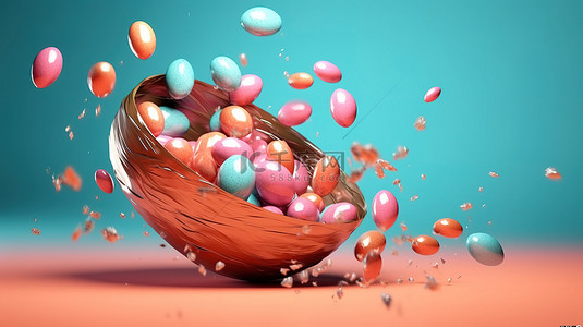 一串复活节彩蛋从篮子中倾泻而出 3D 渲染，具有充足的复制空间