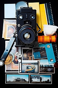 宝丽来相机矢量背景图片_一台旧宝丽来相机一卷胶卷一卷录音带和一本装满照片的相册