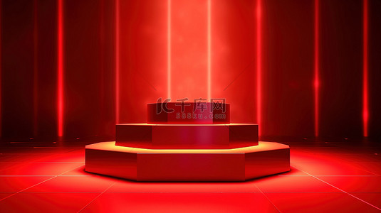 充满活力的红色环境中的照明讲台 3D 渲染图像
