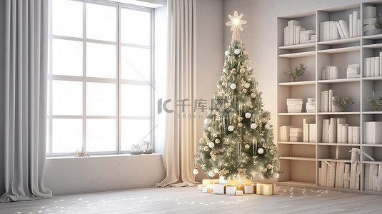 新清背景图片_节日 3D 渲染明亮的室内装饰，配有圣诞树和礼物