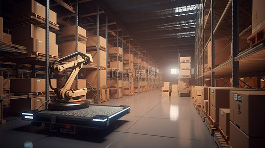 仓库等距背景图片_3D 渲染的机器人手臂在配有叉车和传送带的自动化仓库中工作