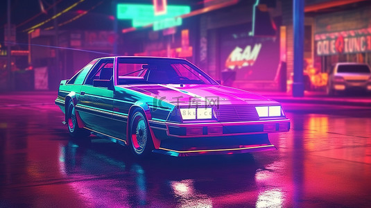 虚拟霓虹灯景观作为 3D 插图中描绘的 80 年代风格赛博朋克汽车的背景