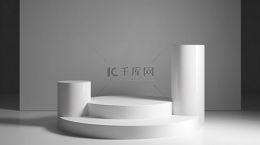 白色展台模型背景图片_带照明聚光灯显示 3D 渲染的圆柱形白色讲台模型