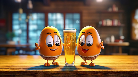 蓝带啤酒啤酒罐背景图片_鸡蛋 Cellent 同伴搞笑 3D 插图，两个鸡蛋在复活节喝啤酒结合在一起