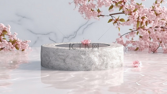漂浮在水面上的白色水磨石讲台的 3D 渲染与美丽的天然樱花