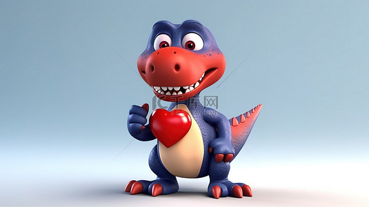 可爱的 3d 红色恐龙抱着一颗幽默的心