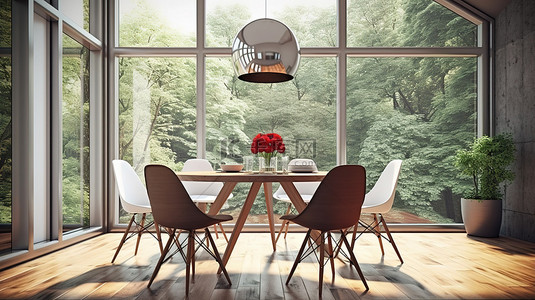 现代化家居背景图片_现代化的餐厅配有别致的椅子和桌子，宽敞的窗户 3D 渲染