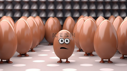 在警察阵容或照片背景下近距离 3D 渲染棕色鸡蛋角色吉祥物