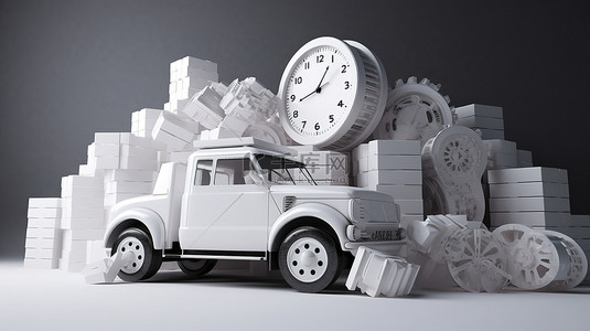 堆放背景图片_3d 渲染中的白色卡车上堆放的计时器和一堆盒子