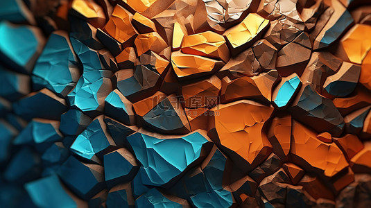 橙色棕色和蓝色色调的裂纹表面的抽象插图 3D 渲染