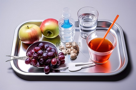 急性中毒背景图片_午餐托盘，配有苹果葡萄杯和药物