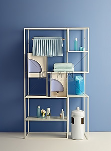 现代蓝色背景图片_带熨衣架和洗衣篮的架子