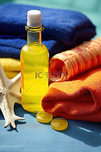 一瓶防晒霜和人字拖，放在堆叠的红色和蓝色蓝色毛巾上